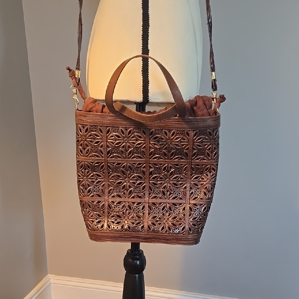 Brown Laser Cut Shoulder Bag with Removable Strap